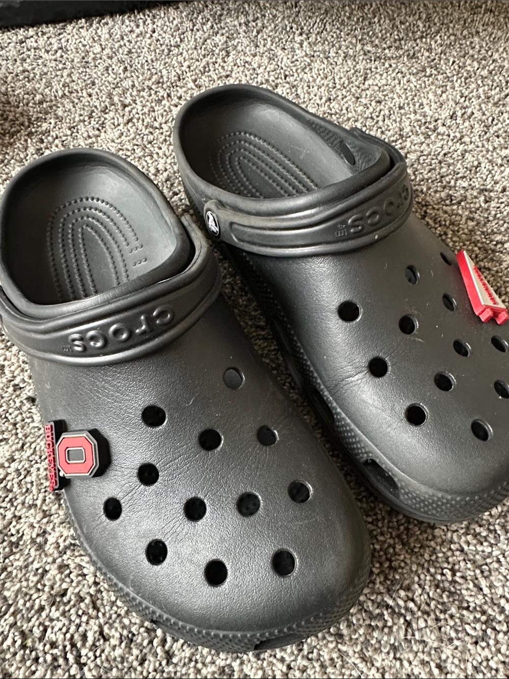 CROCS Black Classic Clogs with Red Jibbitz